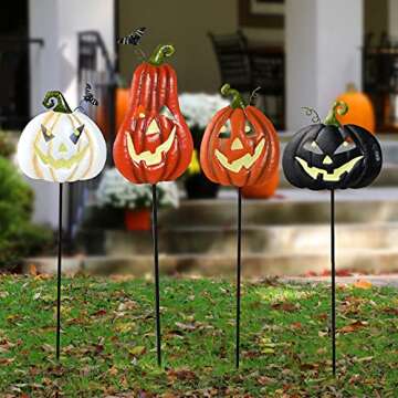 ALLADINBOX Halloween Metal Stakes Pumpkin Jack o Lantern Spooky Faces Smile with Luminous Effect, Garden Yard Signs, Outdoor Party Décor, Set of 4
