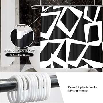 Homarkable Black and White Shower Curtain, 72”x 72”Polyester Fabric Shower Curtain Extra Long Shower Curtains for Bathroom with 12 Hooks Waterproof Design Durable and Washable