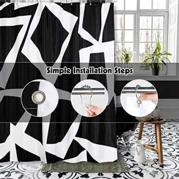 Homarkable Black and White Shower Curtain, 72”x 72”Polyester Fabric Shower Curtain Extra Long Shower Curtains for Bathroom with 12 Hooks Waterproof Design Durable and Washable