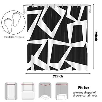 Homarkable Black and White Shower Curtain, 72”x 72”Polyester Fabric Shower Curtain Extra Long Shower Curtains for Bathroom with 12 Hooks Waterproof Design Durable and Washable