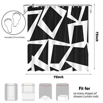 Homarkable Black and White Shower Curtain, 72”x 72”Polyester Fabric Shower Curtain Extra Long Shower Curtains for Bathroom with 12 Hooks Waterproof Design Durable and Washable