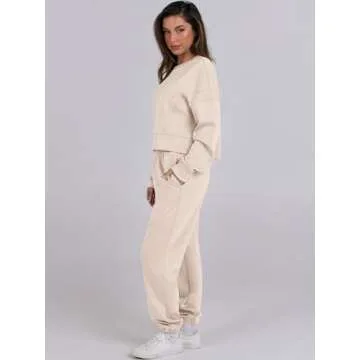 ANRABESS Womens 2 Piece Outfits Lounge Sets Cropped Sweatshirt & Joggers Fashion Sweatsuit Sweat Set 2024 Fall Travel Apricot Small