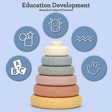 Mini Tudou 6 PCS Baby Stacking & Nesting Toys, Soft Stacking Blocks Ring Stacker, Baby Sensory Teether Toys with Letter, Animal and Shape, Early Learning Toys for Babies Toddlers Kids 6 Months