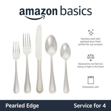 Amazon Basics Silverware Set, Stainless Steel Flatware, 20-Piece Forks and Spoons, Service for 4, Pearled Edge