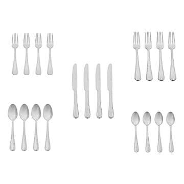 Amazon Basics Silverware Set, Stainless Steel Flatware, 20-Piece Forks and Spoons, Service for 4, Pearled Edge