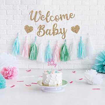 Pre-Strung Welcome Baby Banner - NO DIY - Gold Glitter Baby Shower Gender Reveal Party Banner in Scr...
