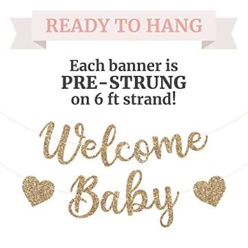 Pre-Strung Welcome Baby Banner - NO DIY - Gold Glitter Baby Shower Gender Reveal Party Banner in Script - Pre-Strung Garland on 6 ft Strand - Neutral Party Decorations & Decor. Did we Mention no DIY