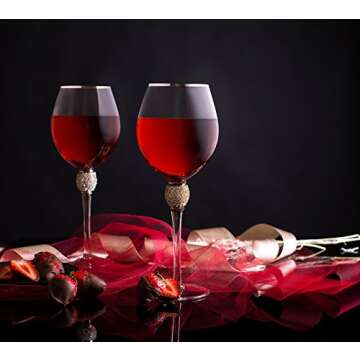 Trinkware Set of 2 Wine Glasses - Rhinestone DIAMOND Studded With Silver Rim - Long Stem, 16oz, 10-i...