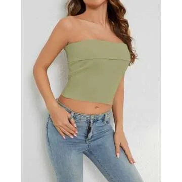 PICPUNMAK Women Solid Strapless Bandeau Tube Crop Top Casual Slim Fit Sleeveless Ribbed Cropped Tube Tops Bustier Summer Green
