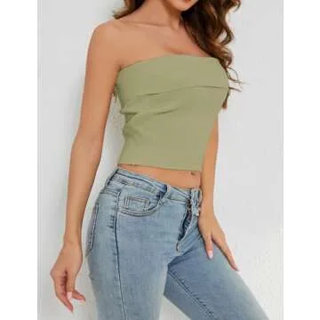 PICPUNMAK Women Solid Strapless Bandeau Tube Crop Top Casual Slim Fit Sleeveless Ribbed Cropped Tube Tops Bustier Summer Green
