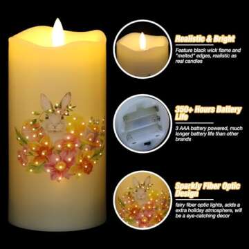 Eywamage Fiber Optic Flameless Candles with Remote, Easter Candles Battery Operated, Flickering LED Pillar Candles Set of 3