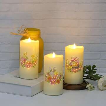 Eywamage Fiber Optic Flameless Candles with Remote, Easter Candles Battery Operated, Flickering LED Pillar Candles Set of 3