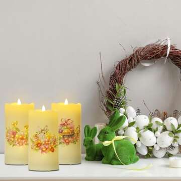 Eywamage Fiber Optic Flameless Candles with Remote, Easter Candles Battery Operated, Flickering LED Pillar Candles Set of 3