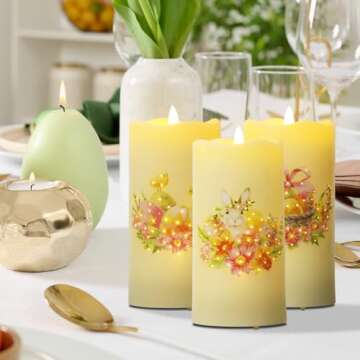 Eywamage Fiber Optic Flameless Candles with Remote, Easter Candles Battery Operated, Flickering LED Pillar Candles Set of 3