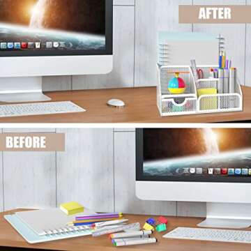 HOPECK Desk Organizer Office Accessories, Multi-Functional Mesh Desk Organizer with 6 Compartments and 1 Drawer for Home, Office, School, Workshop, kitchen (White)