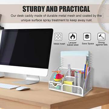 HOPECK Desk Organizer Office Accessories, Multi-Functional Mesh Desk Organizer with 6 Compartments and 1 Drawer for Home, Office, School, Workshop, kitchen (White)