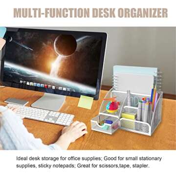 HOPECK Desk Organizer Office Accessories, Multi-Functional Mesh Desk Organizer with 6 Compartments and 1 Drawer for Home, Office, School, Workshop, kitchen (White)