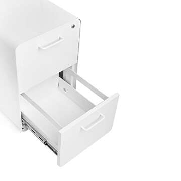 Poppin Stow 2-Drawer File Cabinet - White. Powder-Coated Steel. Legal/Letter Sized Drawers. Two Locking and Two Non-Locking Wheels. Two Keys Included. 1 Lock for Both Drawers
