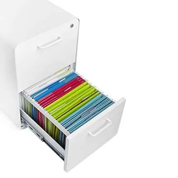 Poppin Stow 2-Drawer File Cabinet - White. Powder-Coated Steel. Legal/Letter Sized Drawers. Two Locking and Two Non-Locking Wheels. Two Keys Included. 1 Lock for Both Drawers