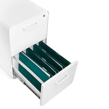 Poppin Stow 2-Drawer File Cabinet - White. Powder-Coated Steel. Legal/Letter Sized Drawers. Two Locking and Two Non-Locking Wheels. Two Keys Included. 1 Lock for Both Drawers