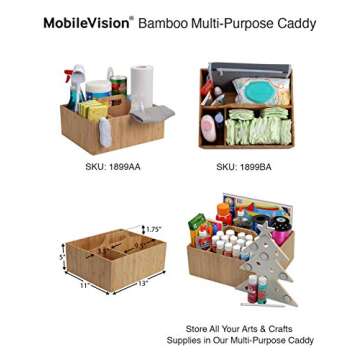 MobileVision Bamboo Multi-Purpose Caddy with Handle, 3 Sections, Sturdy Durable Carrier for Cleaning Supplies, Spray Bottles, Towels, Sponges and More