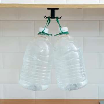 EigPluy 2pcs Under Cabinet Kitchen Utensil Hooks,360° Rotating Drilling Free Adhesive Utensils Hanging Rack for Tools/Towel/Knife (Black)