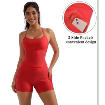 OMKAGI 2 Piece Workout Sets for Women Padded Sports Bra Tank Booty Gym Shorts with Pockets(XS,284-Red)