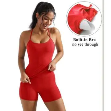 OMKAGI 2 Piece Workout Sets for Women Padded Sports Bra Tank Booty Gym Shorts with Pockets(XS,284-Red)