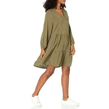 The Drop Women's @caralynmirand Ruffle Neck Tiered Mini Dress, Olive, XS