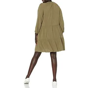 The Drop Women's @caralynmirand Ruffle Neck Tiered Mini Dress, Olive, XS