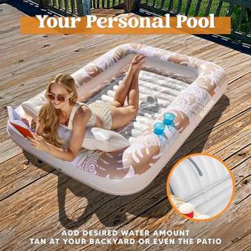 SLOOSH Inflatable Tanning Pool Lounger Float, 70" x 46" Pool Floats Adult with Pillow, 4 in 1 Suntan Tub Raft Floatie,Sunbathing Bed Lounge for Water Blow Up Kids Ball Pit Party Gifts, L-Golden White