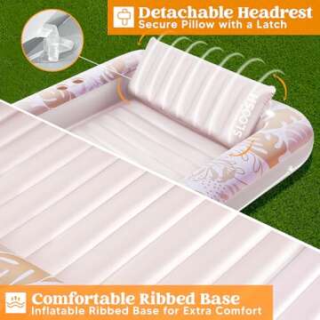 SLOOSH Inflatable Tanning Pool Lounger Float, 70" x 46" Pool Floats Adult with Pillow, 4 in 1 Suntan Tub Raft Floatie,Sunbathing Bed Lounge for Water Blow Up Kids Ball Pit Party Gifts, L-Golden White