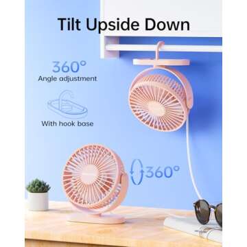 SWEETFULL USB Desk Fan Small Quiet - 3 Speeds Mini Personal Portable Fan 360° Rotation Adjustable, 5 Inch Office Table Cooling Gadgets on Desktop (Pink)