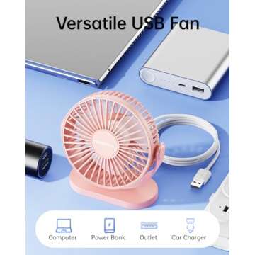 SWEETFULL USB Desk Fan Small Quiet - 3 Speeds Mini Personal Portable Fan 360° Rotation Adjustable, 5 Inch Office Table Cooling Gadgets on Desktop (Pink)