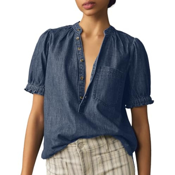 Locachy Women's Half Button Mock Neck Denim Shirt Casual Puff Short Sleeve Denim Blouse Top Dark Blu...