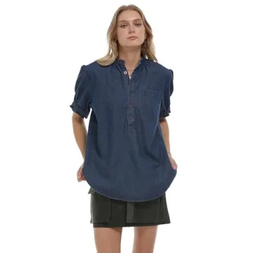 Locachy Women's Half Button Mock Neck Denim Shirt Casual Puff Short Sleeve Denim Blouse Top Dark Blue M