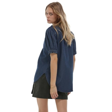 Locachy Women's Half Button Mock Neck Denim Shirt Casual Puff Short Sleeve Denim Blouse Top Dark Blue M