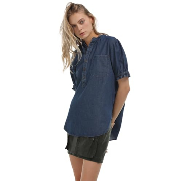 Locachy Women's Half Button Mock Neck Denim Shirt Casual Puff Short Sleeve Denim Blouse Top Dark Blue M