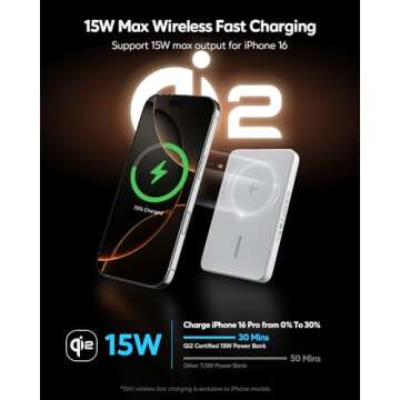 PAMBEE 0.3" Ultra Slim for MagSafe Battery Pack, 5,000mAh Qi2 Certified 15W Ultra-Fast Magnetic Powe...