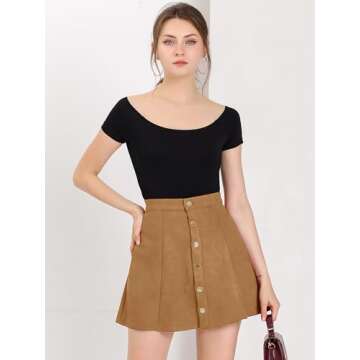 Allegra K Women's Faux Suede Button A-Line High Waisted Christmas Flared Mini Short Skirt Large Brown