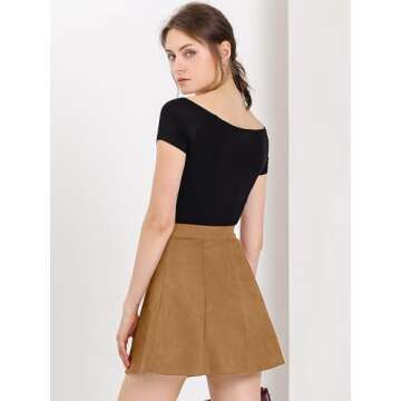Allegra K Women's Faux Suede Button A-Line High Waisted Christmas Flared Mini Short Skirt Large Brown