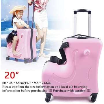 CNCEST 20" Kid's Ride-on Travel Suitcase, Rolling Luggage with Wheels Carry Trolley Luggage with Pas...