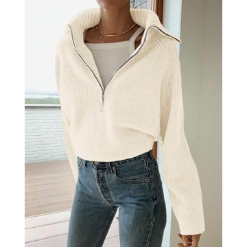 BTFBM Women’s Soft Ribbed Knit Half Zip Pullover Sweater