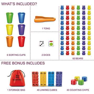 APOWUS Gleeporte Colorful Counting Bears with Coordinated Sorting Cups | Montessori Sorting and Counting Toy | Educational for Toddlers and Children (67 Pcs Set) | 60 Bears | 6 Cups | Storage Bag