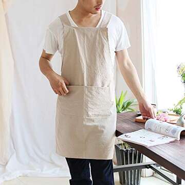 NEWGEM Japanese Linen Cross Back Kitchen Cooking Aprons for Men with Pockets for Baking Painting Gar...