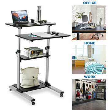 Mount-It! Rolling Desk Adjustable Height up to 54.7", Portable Standing Desk for Laptop or Podium Stand with Wheels, Mobile Roller Presentation Cart, Computer Work Station 27.5" Wide, Locking Wheels