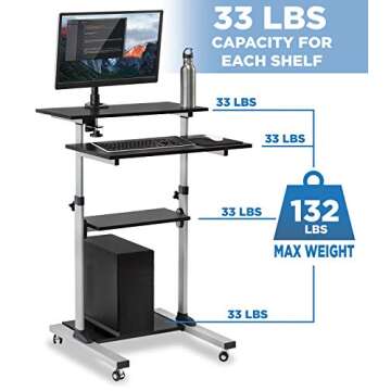 Mount-It! Rolling Desk Adjustable Height up to 54.7", Portable Standing Desk for Laptop or Podium Stand with Wheels, Mobile Roller Presentation Cart, Computer Work Station 27.5" Wide, Locking Wheels