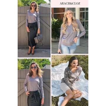 Arach&Cloz Women's Spring Top 2025 V Neck Sweater Long Sleeve Casual Knit Blouse Plus Size Grey M