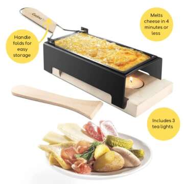 Cheese Raclette w Foldable Handle- Candlelight Cheese Melter Pan w Spatula and 3 Tea Light Candles - Melts in Under 4 Minutes, Small Portable, Great for Dinner Parties, Appetizers, Housewarming Gift