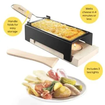 Cheese Raclette w Foldable Handle- Candlelight Cheese Melter Pan w Spatula and 3 Tea Light Candles - Melts in Under 4 Minutes, Small Portable, Great for Dinner Parties, Appetizers, Housewarming Gift